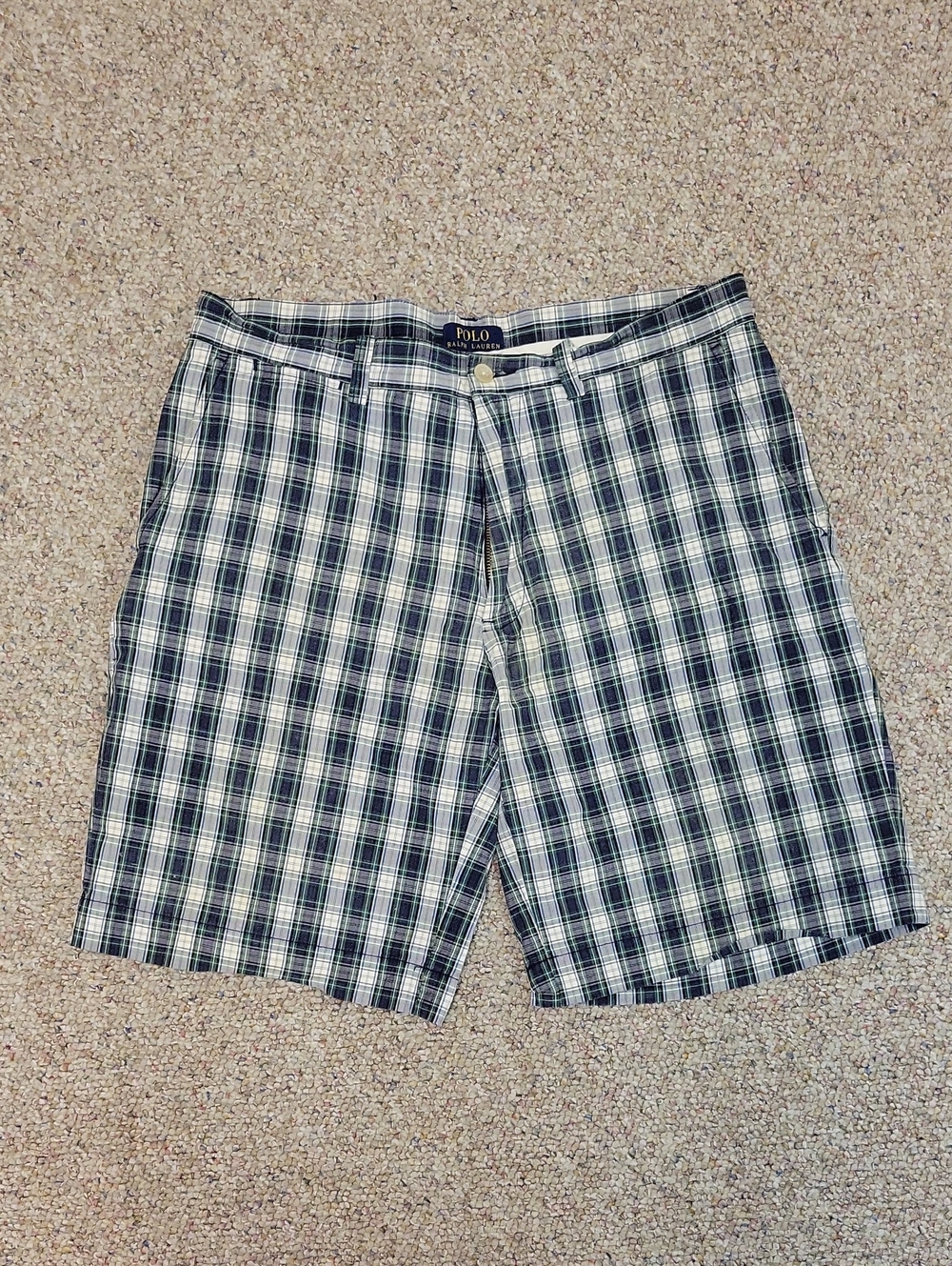 Polo by Ralph Lauren Navy & White Plaid Flat Front Men’s Shorts Sz 33 Preppy 9"